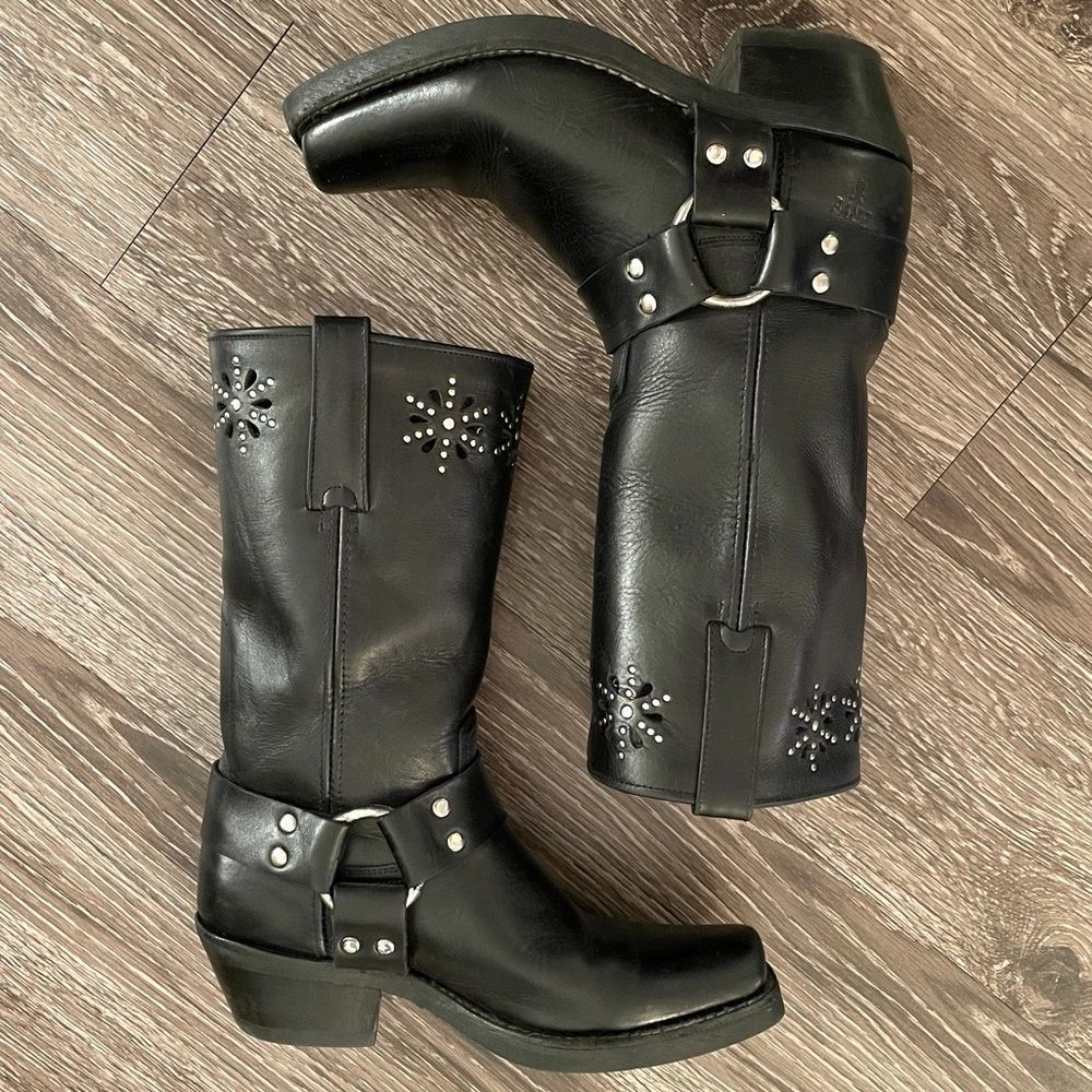 Frye harness boots with laser cut flower detail